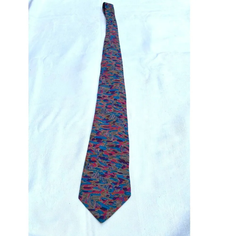 90s Men's Abstract Silk Necktie Handmade Camo Brushstroke Teal Magenta 9-HHH